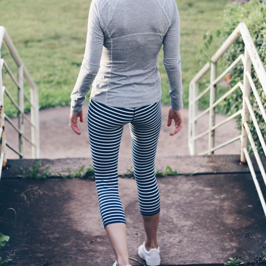 Athleta striped capri workout pants, track jacket and white velcro sneakers
