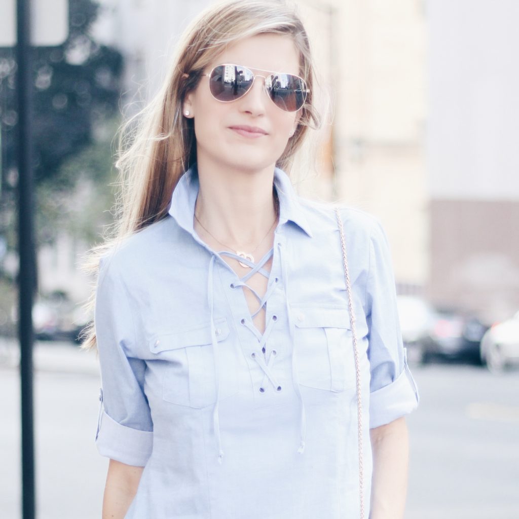 $25 blue lace up collared shirt and $30 stain resistant white skinny jeans