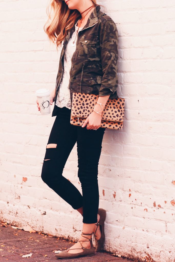 camo jacket over lace top 