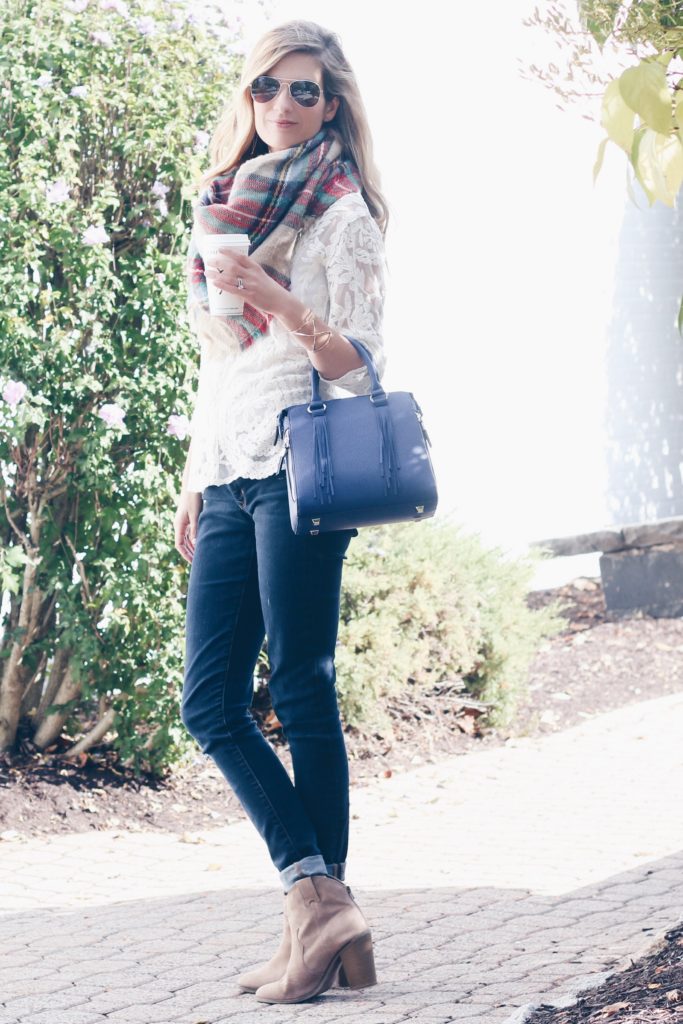 fall outfit with blanket scarf