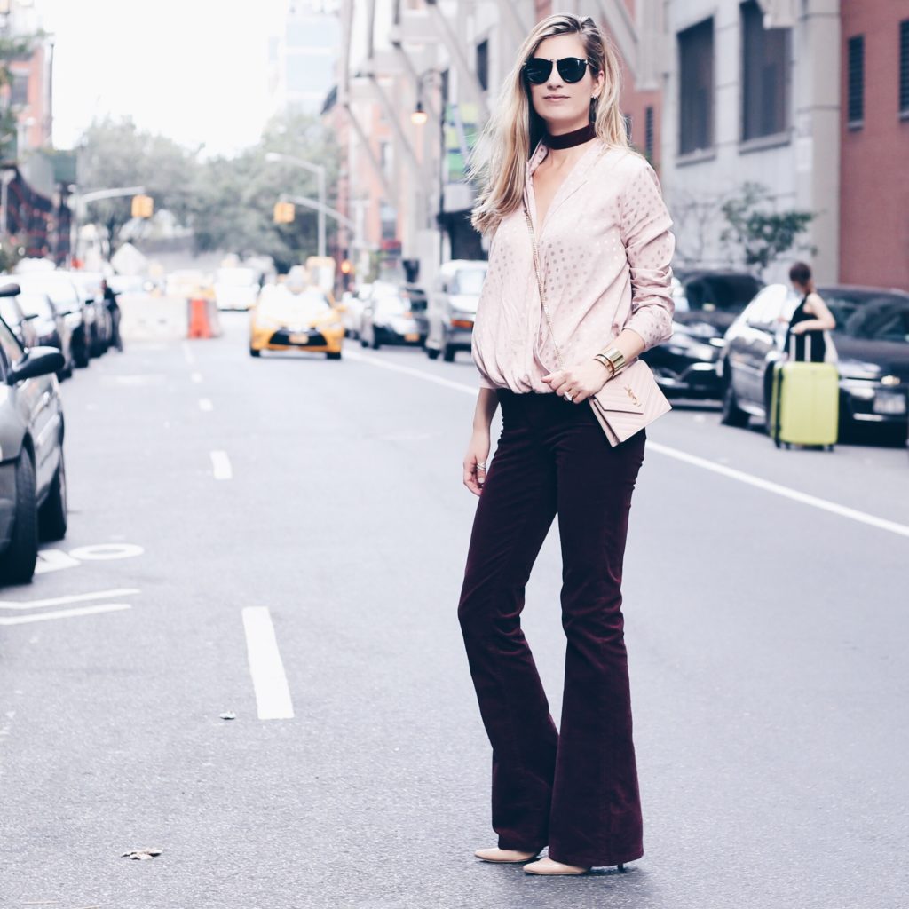 monochrome burgundy and blush fall outfit with flare cords