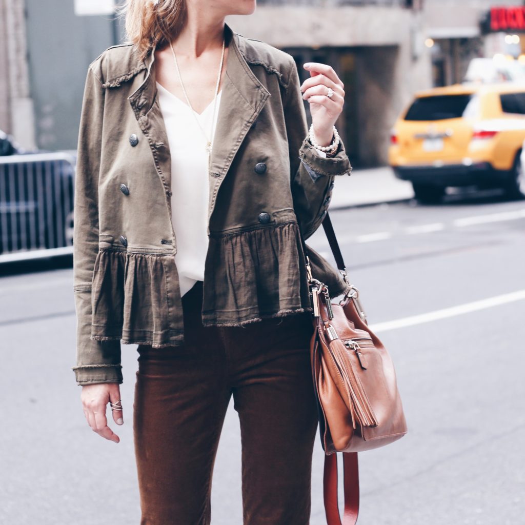 ruffled hem utility jacket over white cami
