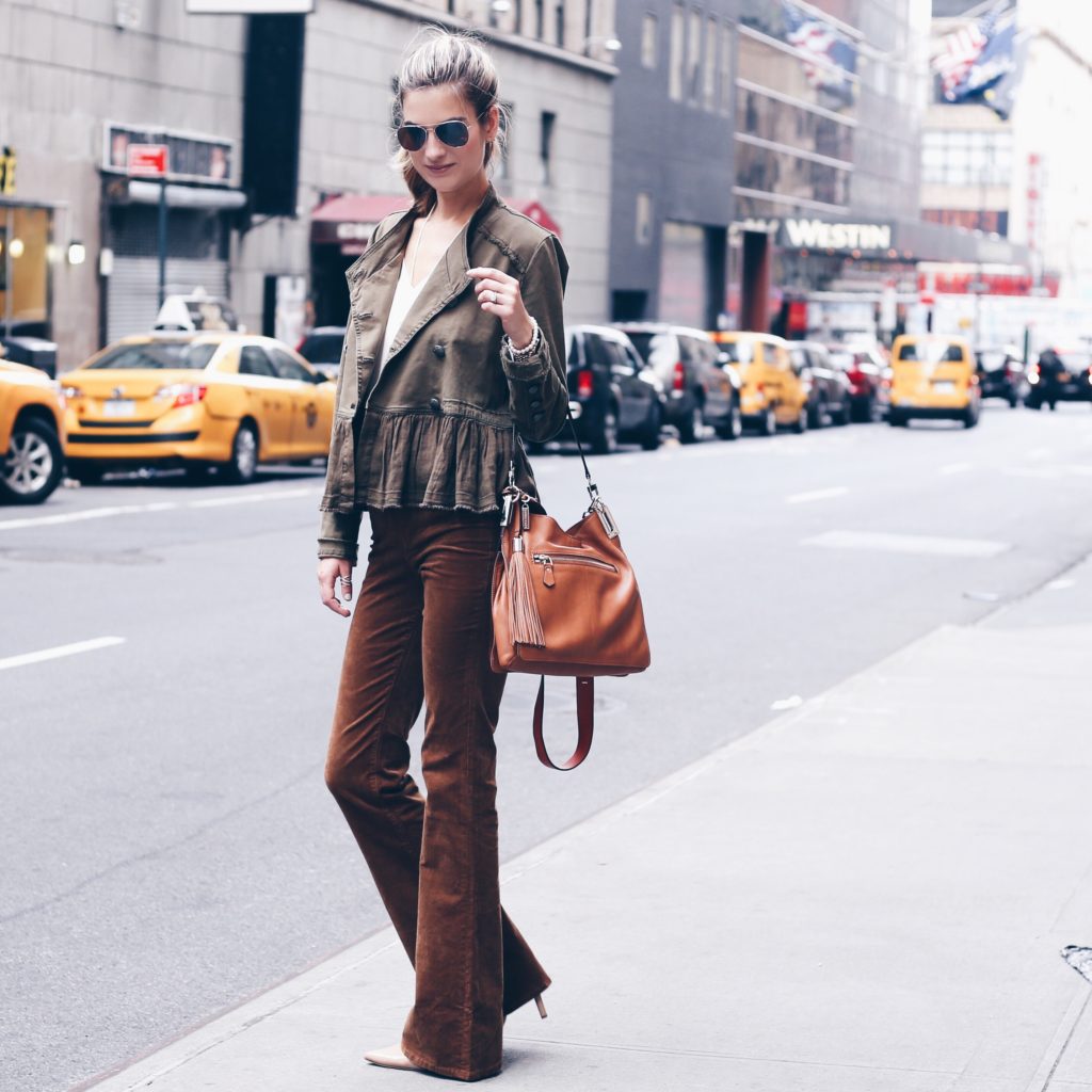 ruffled utility jacket with flare pants