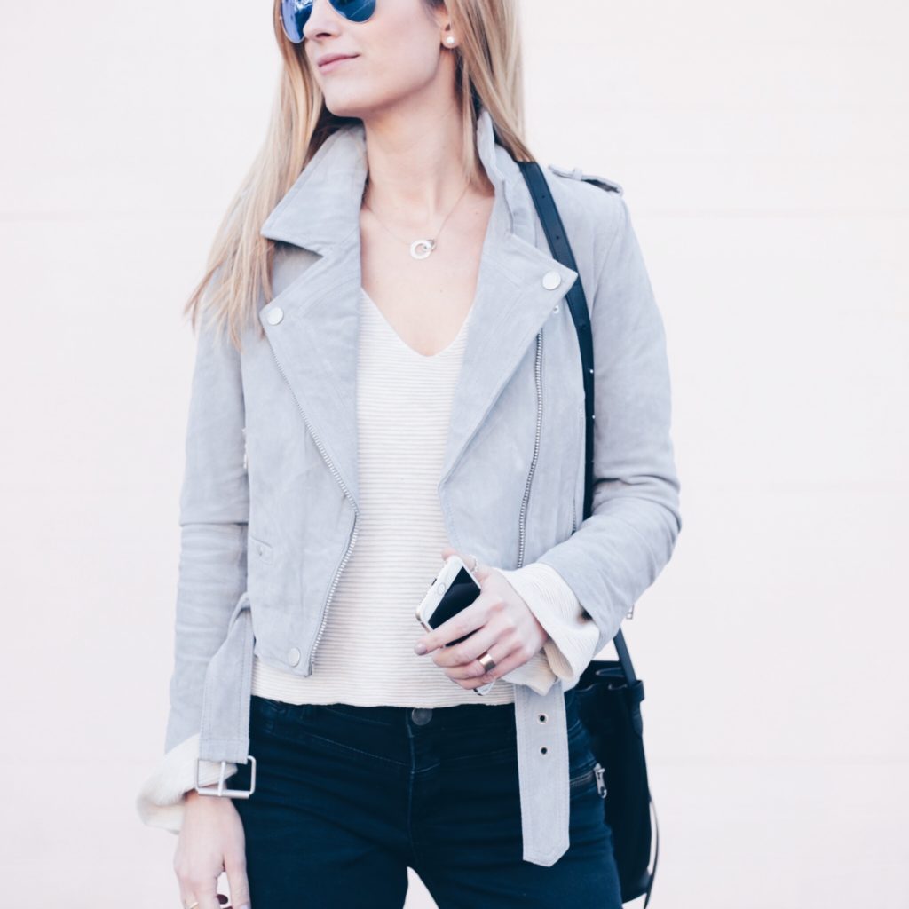 gray suede moto jacket $188