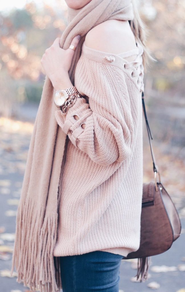 lace up sweater and denim leggings casual outfit
