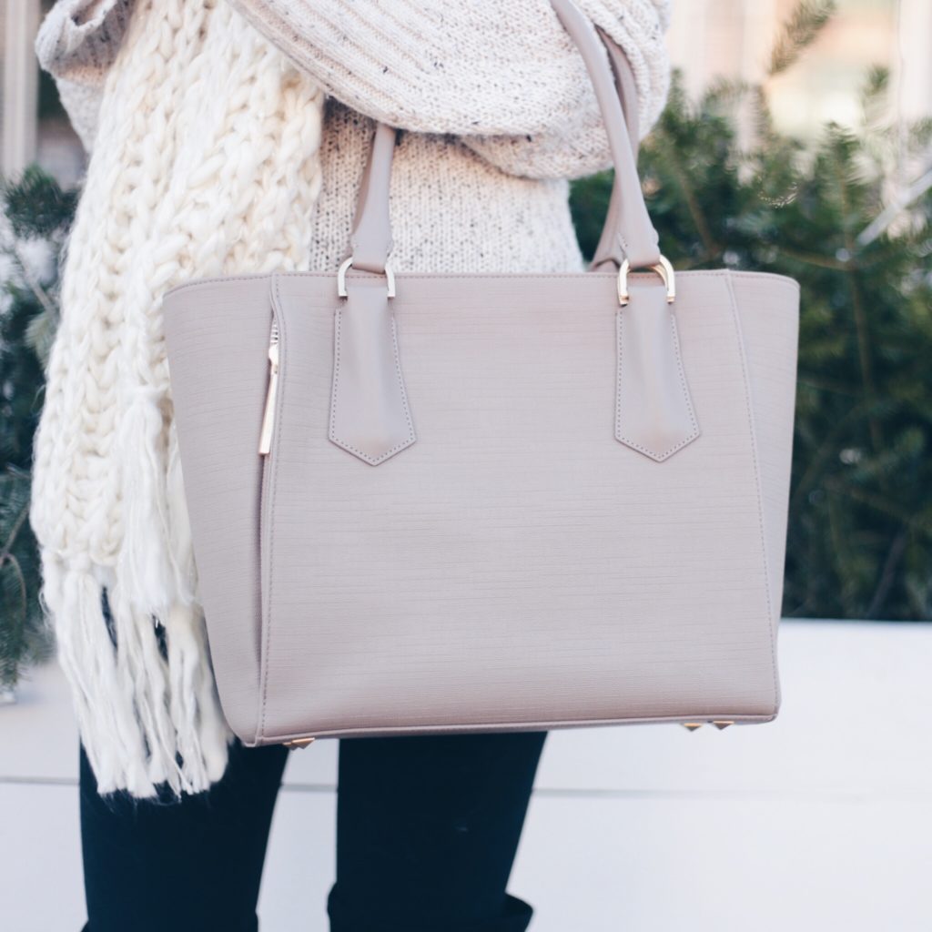 winter leggings outfit with neutral sweater and over the knee boots