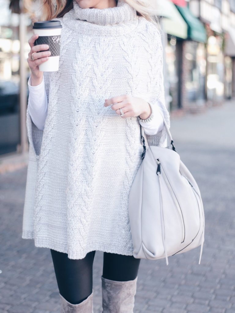 gray moto hobo rebecca minkoff bag with knit cowl neck poncho and leather leggings