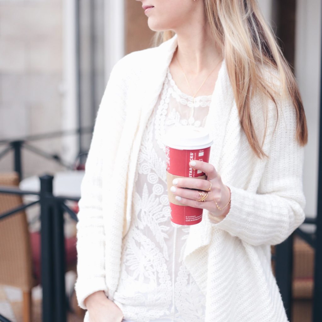 lace tunic under white drape sweater cardigan
