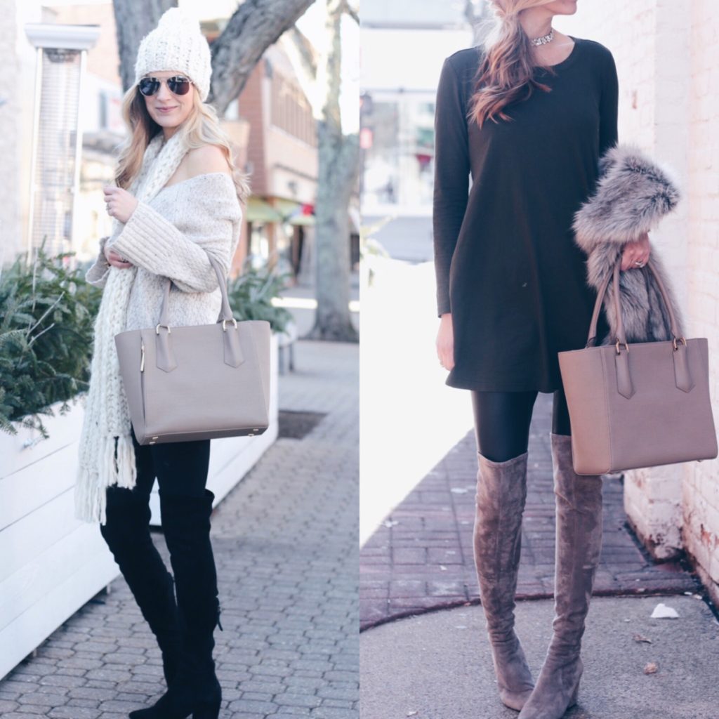 neutral tote bag and suede over the knee boots