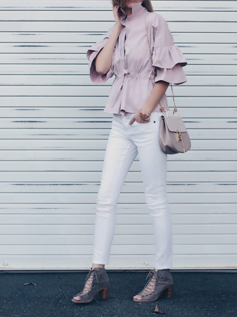 Connecticut life and style blogger, Pinteresting Plans shares a designer or dupe post about handbags and shoes of the season. purple ruffle sleeve blouse and designer dupe handbag