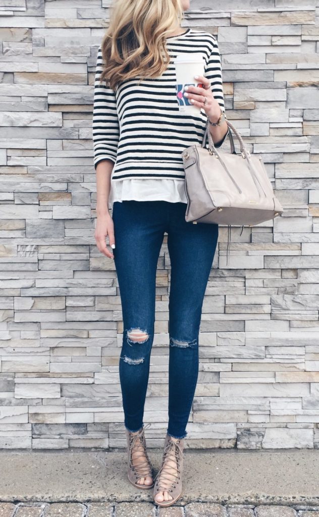 Connecticut life and style blogger, Pinteresting Plans shares a round-up of spring outfit ideas that she showcased on her Instagram. spring outfit idea: striped ruffle hem top with skinny jeans and lace up booties