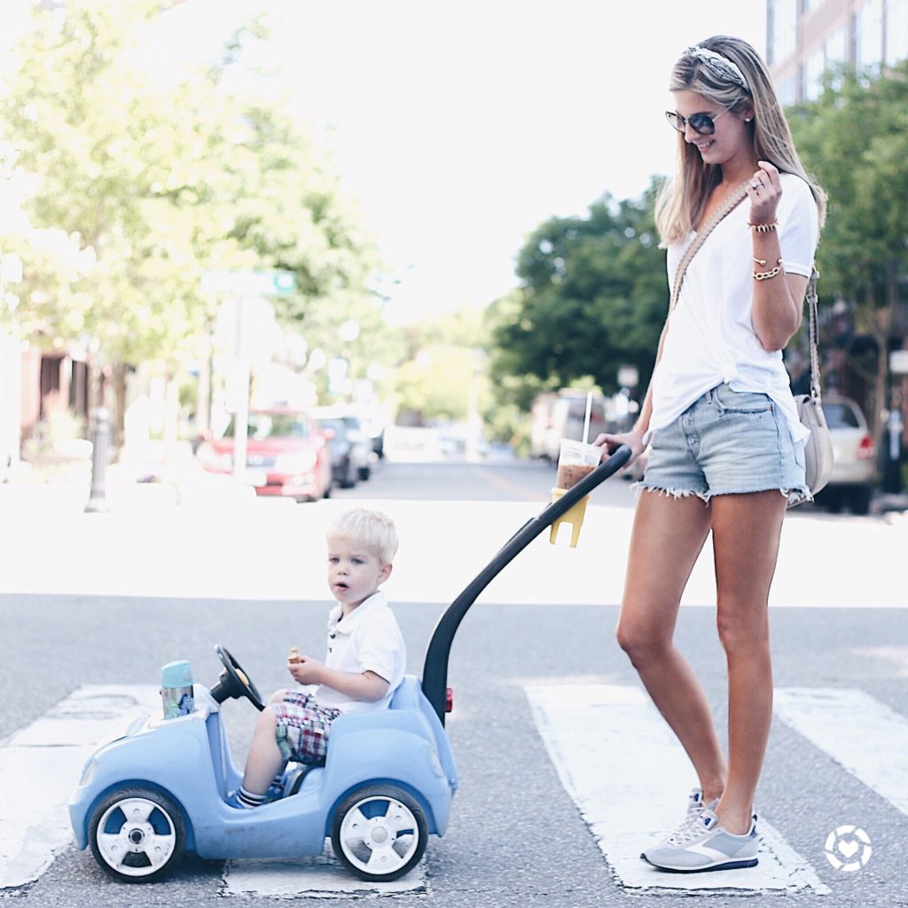 liketoknow.it.family takeover friday - pinteresting plans in white t-shirt and denim cutoffs pushing son in car