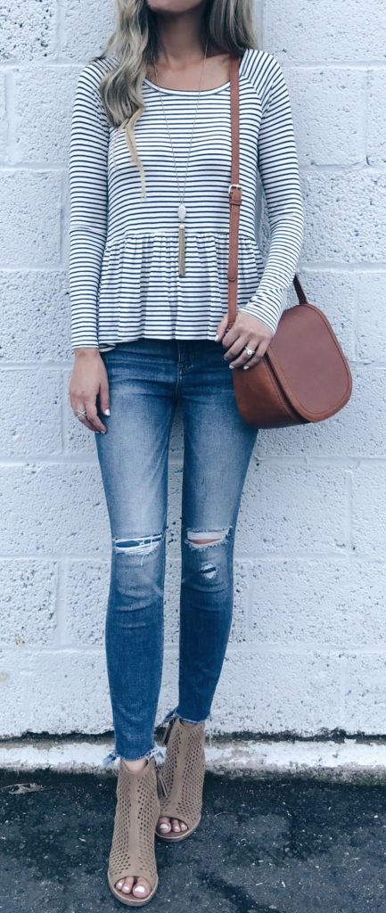 august instagram round-up - pinterestingplans in peplum stripe tee and jeans with booties