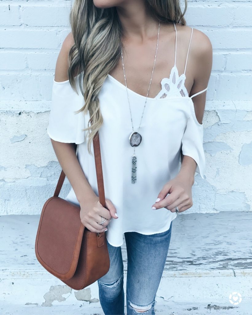 august instagram round-up - slouchy white off the shoulder top with lacey bralette on pinterestingplans