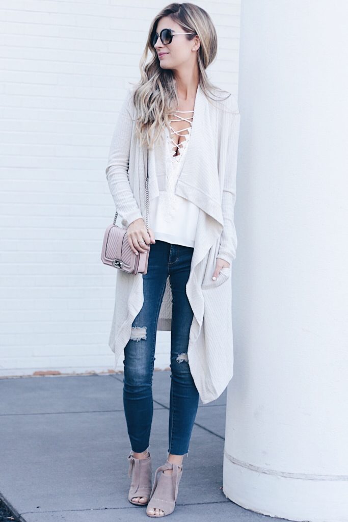fall-transition-outfits-draped-thermal-cardigan-over-lace-up-cami-on-pinterestingplans