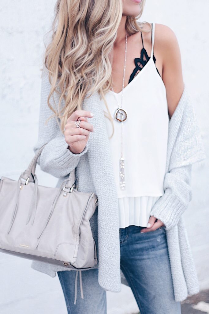 pleated white camisole under gray drape cardigan on pinterestingplans