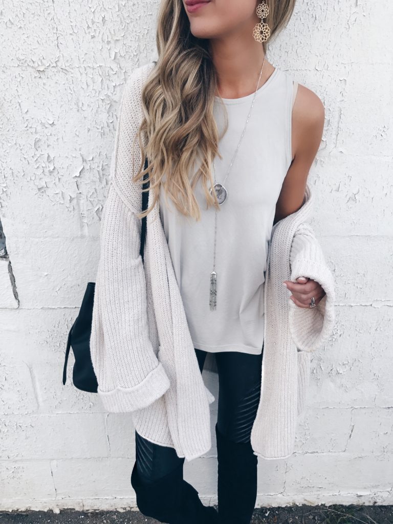 SAVE for later: how to style leather leggings with a cardigan and over the knee boots on pinterestingplans