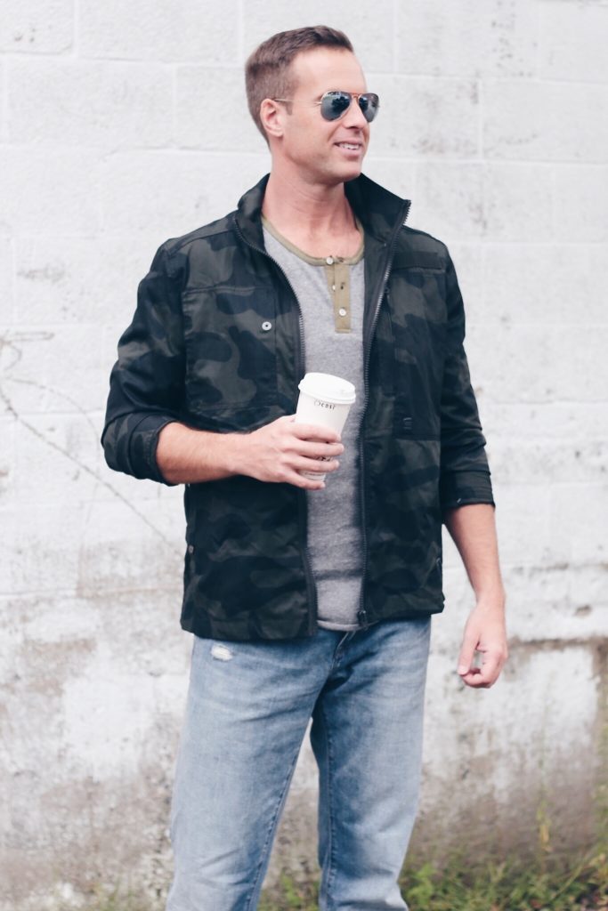 his and her athleisure wear - pinteresting plans brother pete macgillis wearing a camo jacket and jeans