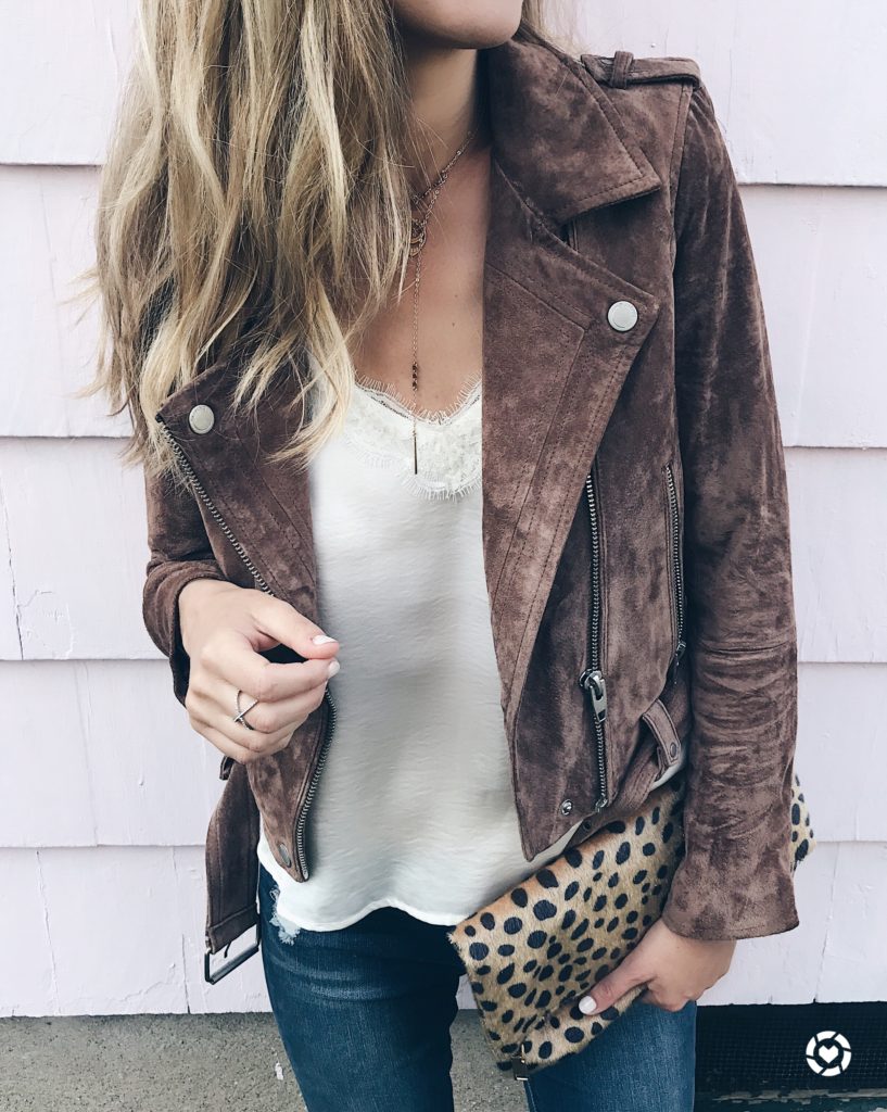 brown suede moto jacket idea over lace cami