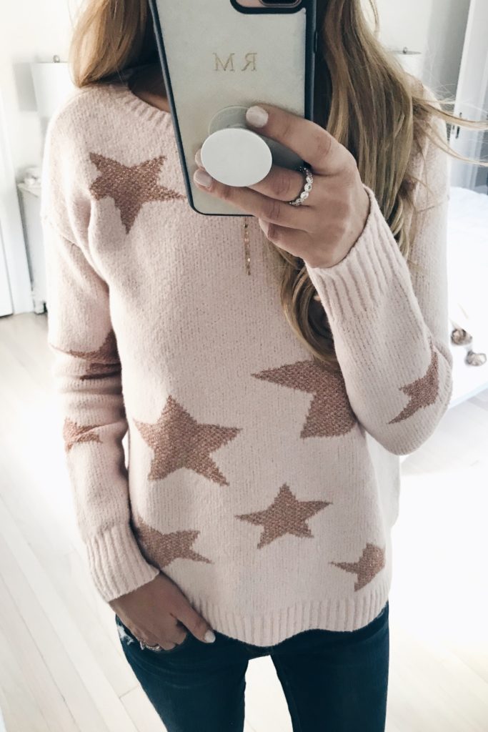 cyber week 2017 sweaters on sale - pink wide neck star sweater