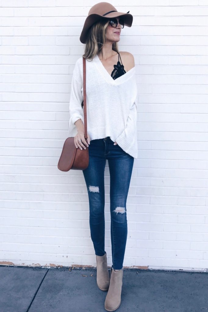  cyber week 2017 sweaters on sale - white bell sleeve sweater with bralette and skinny jean