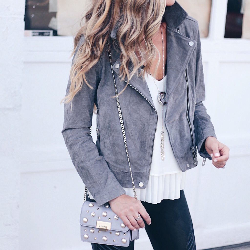 gray suede moto jacket outfit with leather leggings