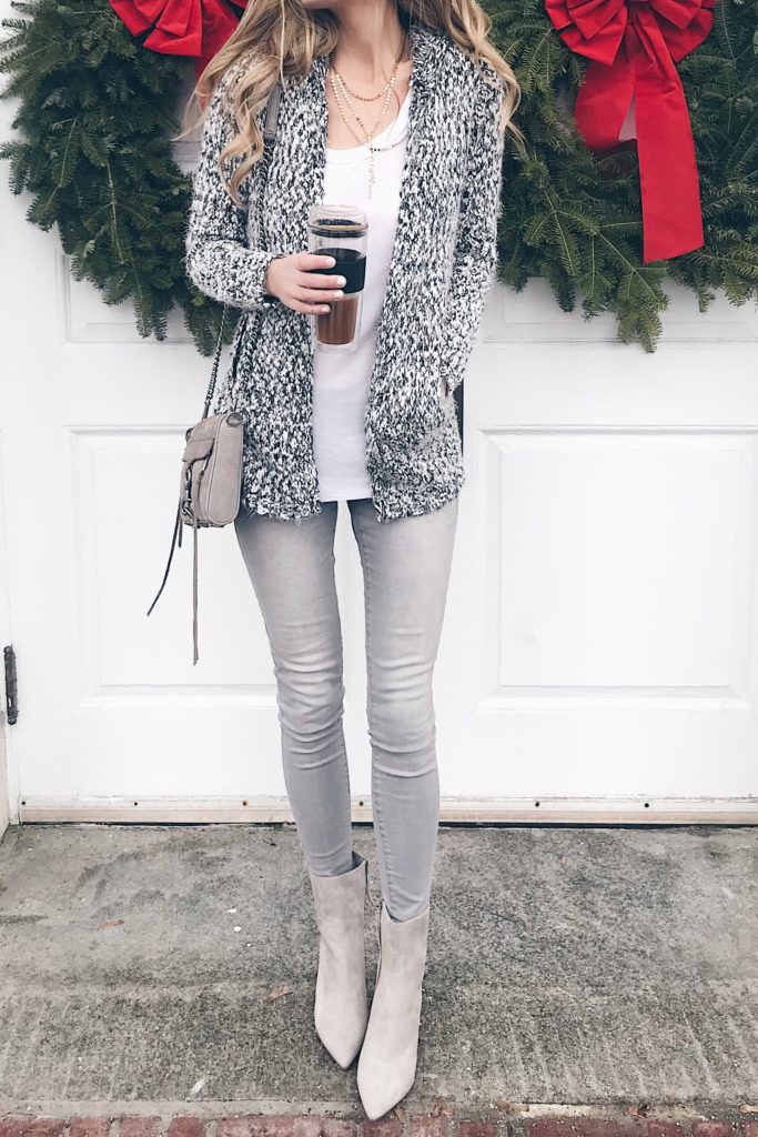 Winter fashion trends 2018 - pointy toe booties with gray skinny jeans and eyelash cardigan on pinterestingplans 
