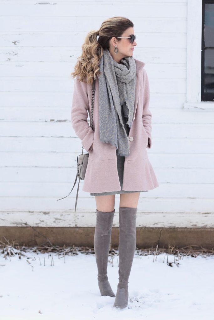 casual Winter dress with taupe over the knee boots
