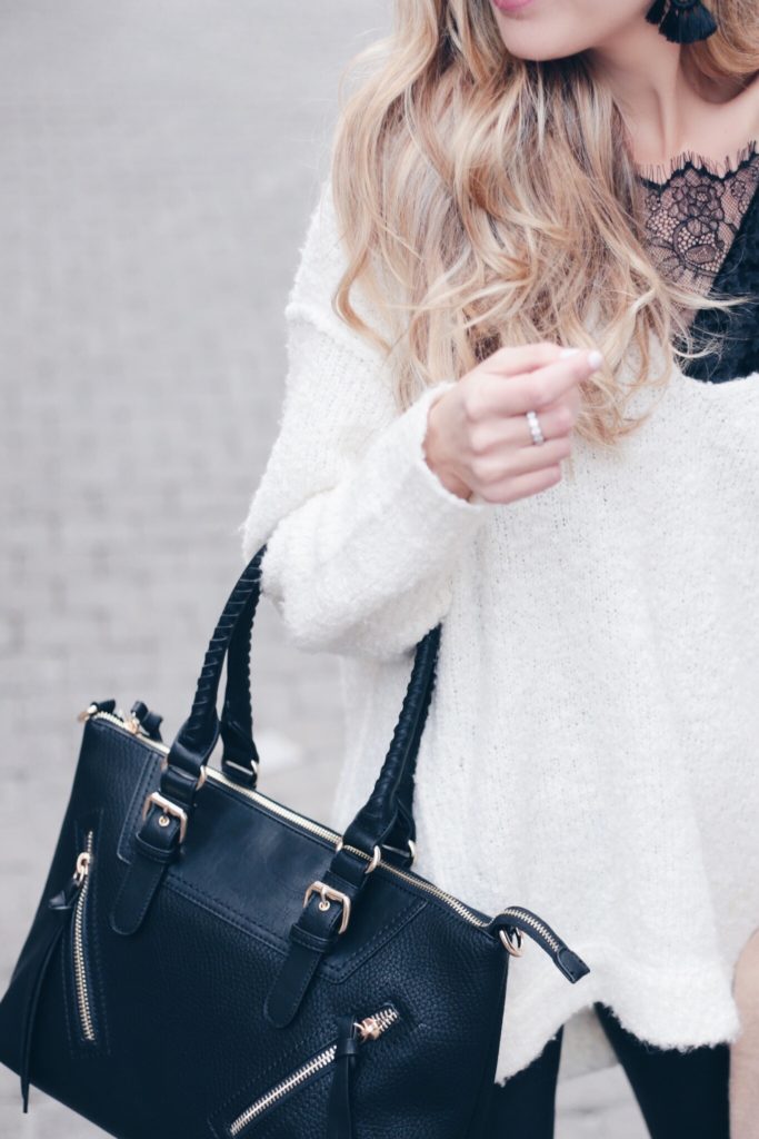 holiday outfits with leggings - oversized tunic sweater over velvet and lace cami on pinterestingplans