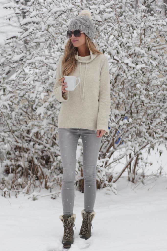 winter outfits 2017 - cowl neck sweater and skinny jeans with wedge snow boots on pinterestingplans