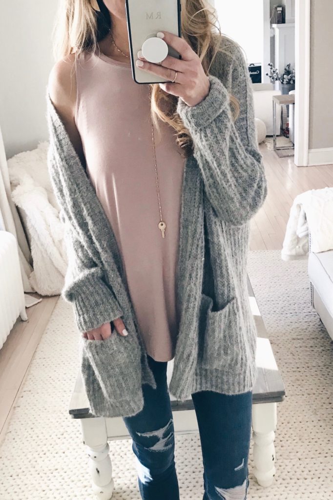 AFFORDABLE white tanks and Tess - layered under oversized cardigan for Spring 2018