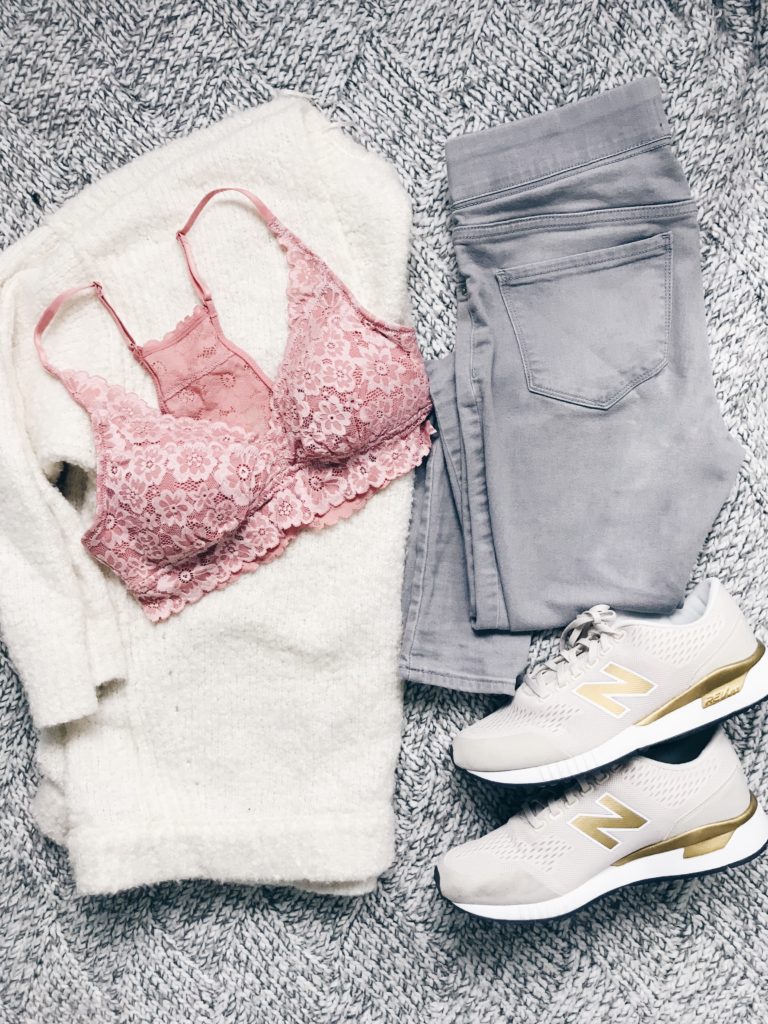 winter outfit flatlays - gold sneakers with gray jeggings and oversized sweater - casual outfit ideas from pinterestingplans