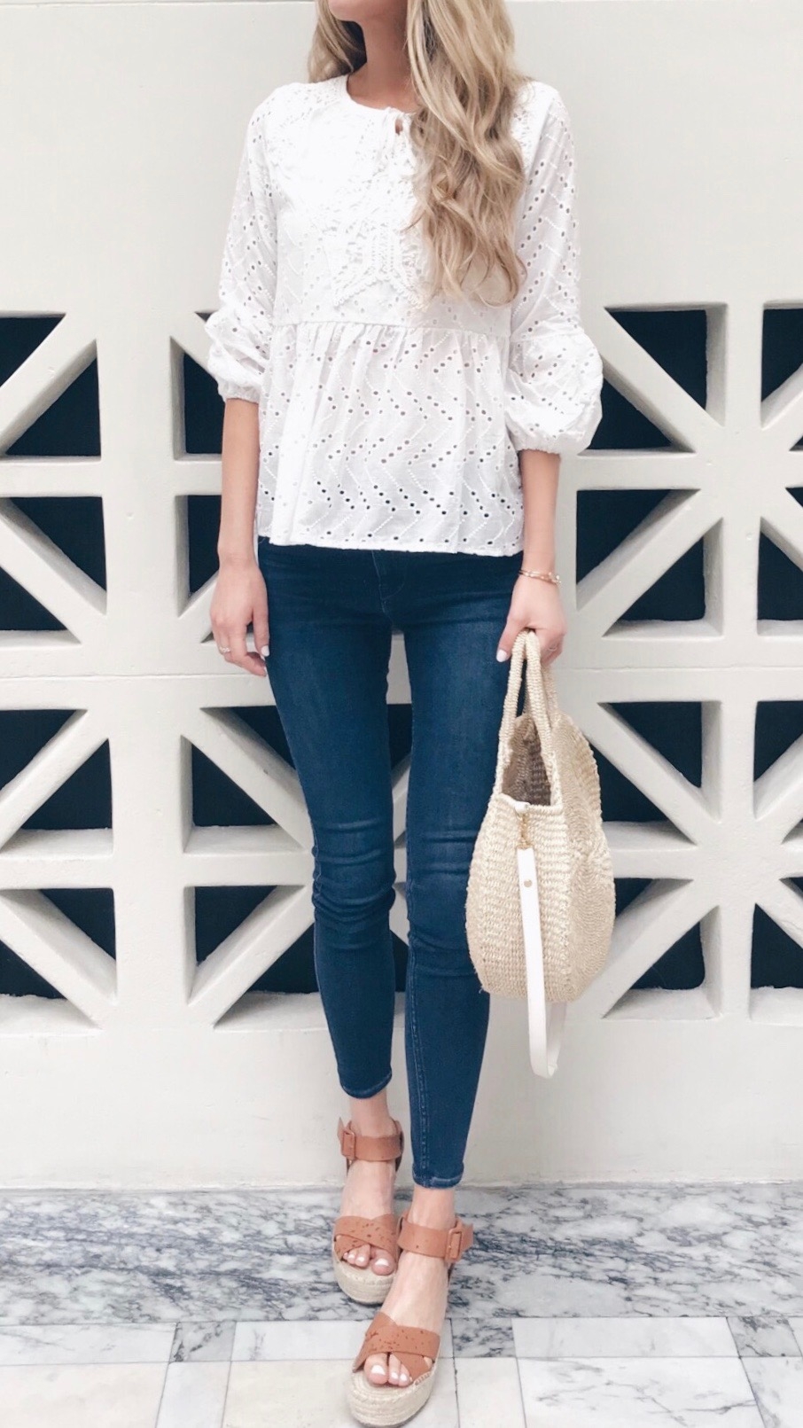 spring outfit ideas - eyelet babydoll top with skinny jeans and espardrilles on pinteresting plans connecticut fashion blog