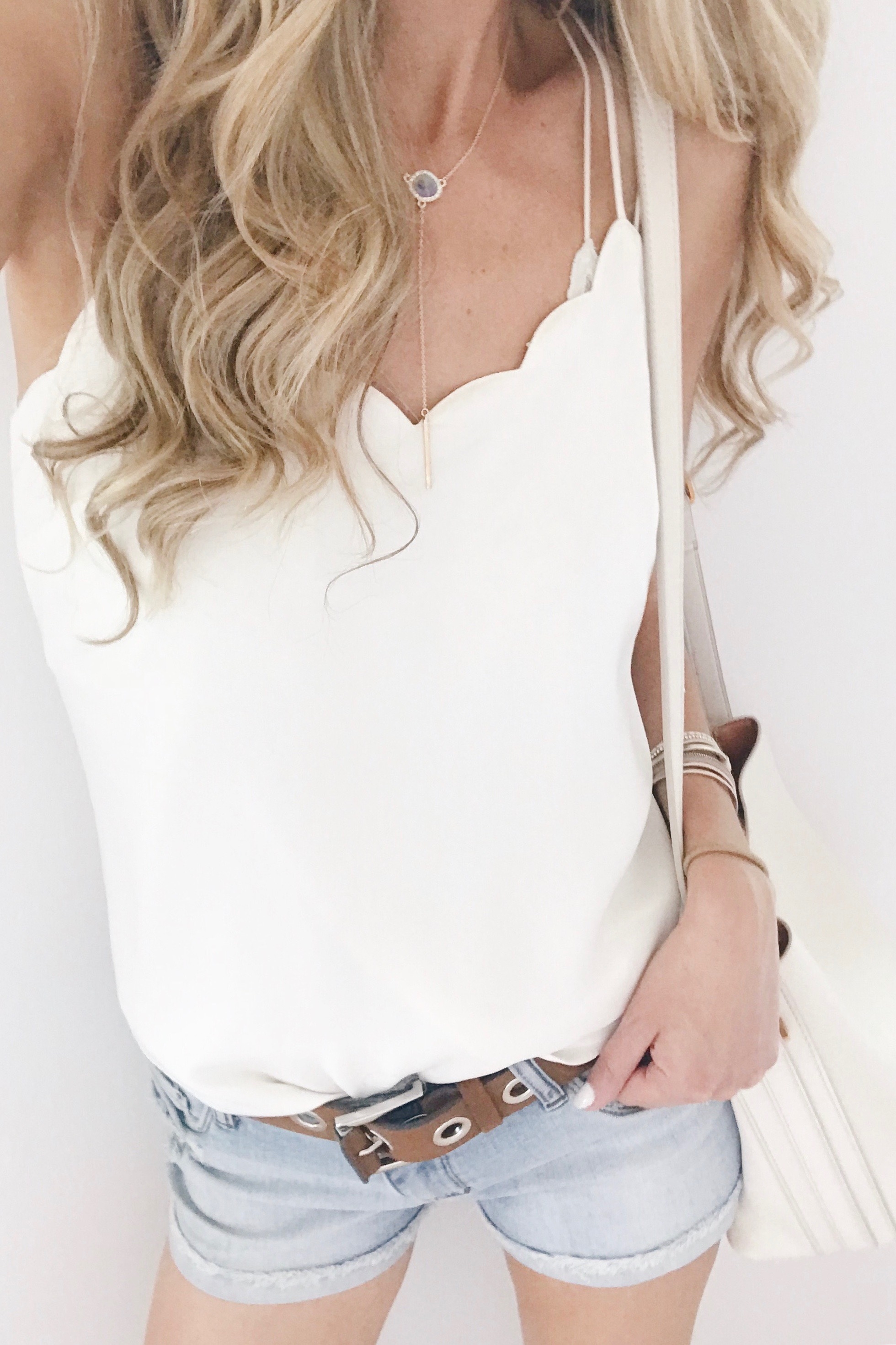 women's belts with scalloped white cami and jean shorts on pinteresting plans connecticut fashion blog