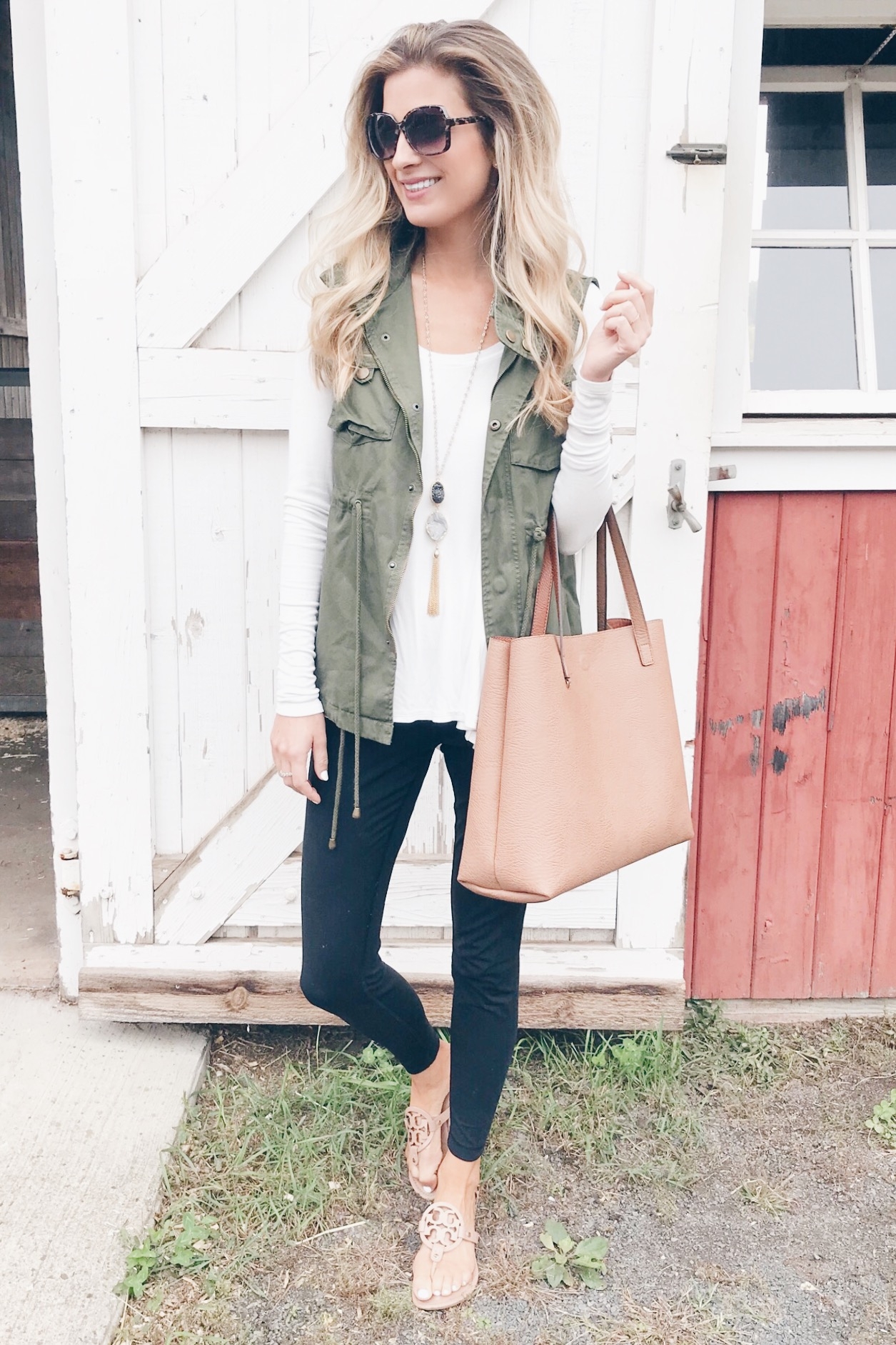 Fall utility vest outfit ideas - paired with leggings and tee on pinteresting plans blog