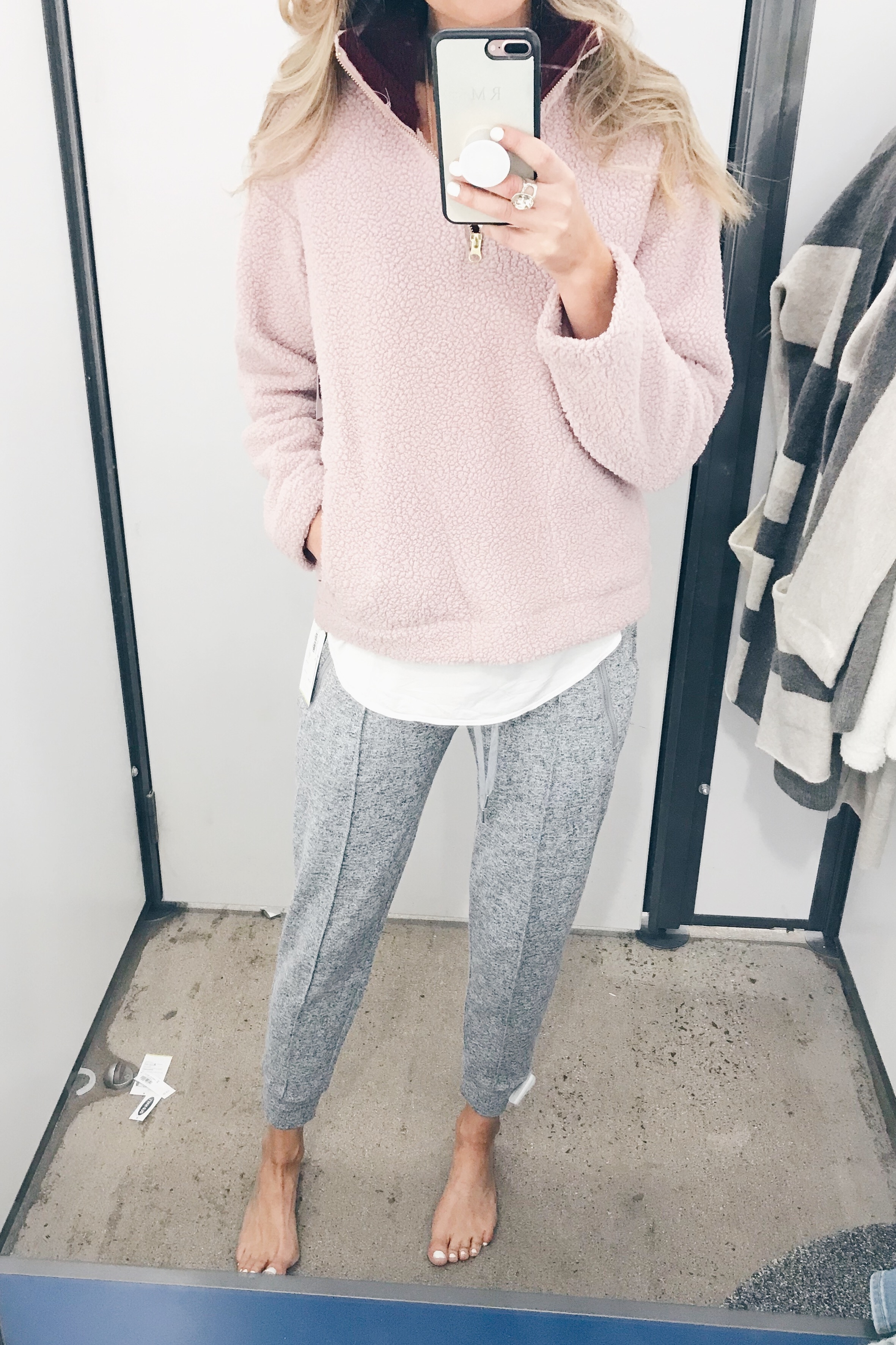 old navy friends and family sale try on - pink sherpa pullover and gray joggers