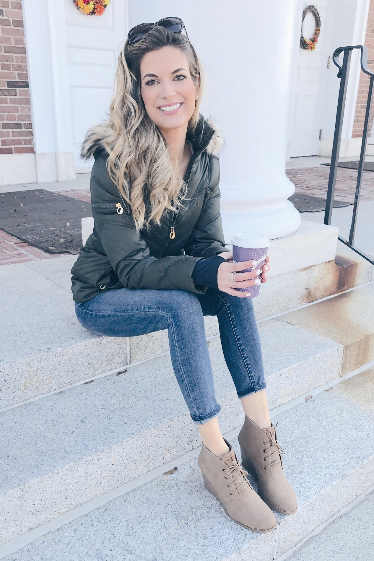  late fall outfit - short puffer coat and wedge booties on pinteresting plans blog