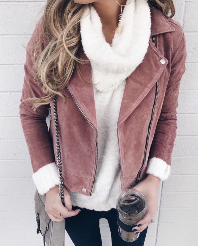 nordstrom half yearly sale 2019 - blanknyc suede moto jacket in coral cedar with fuzzy turtleneck sweater