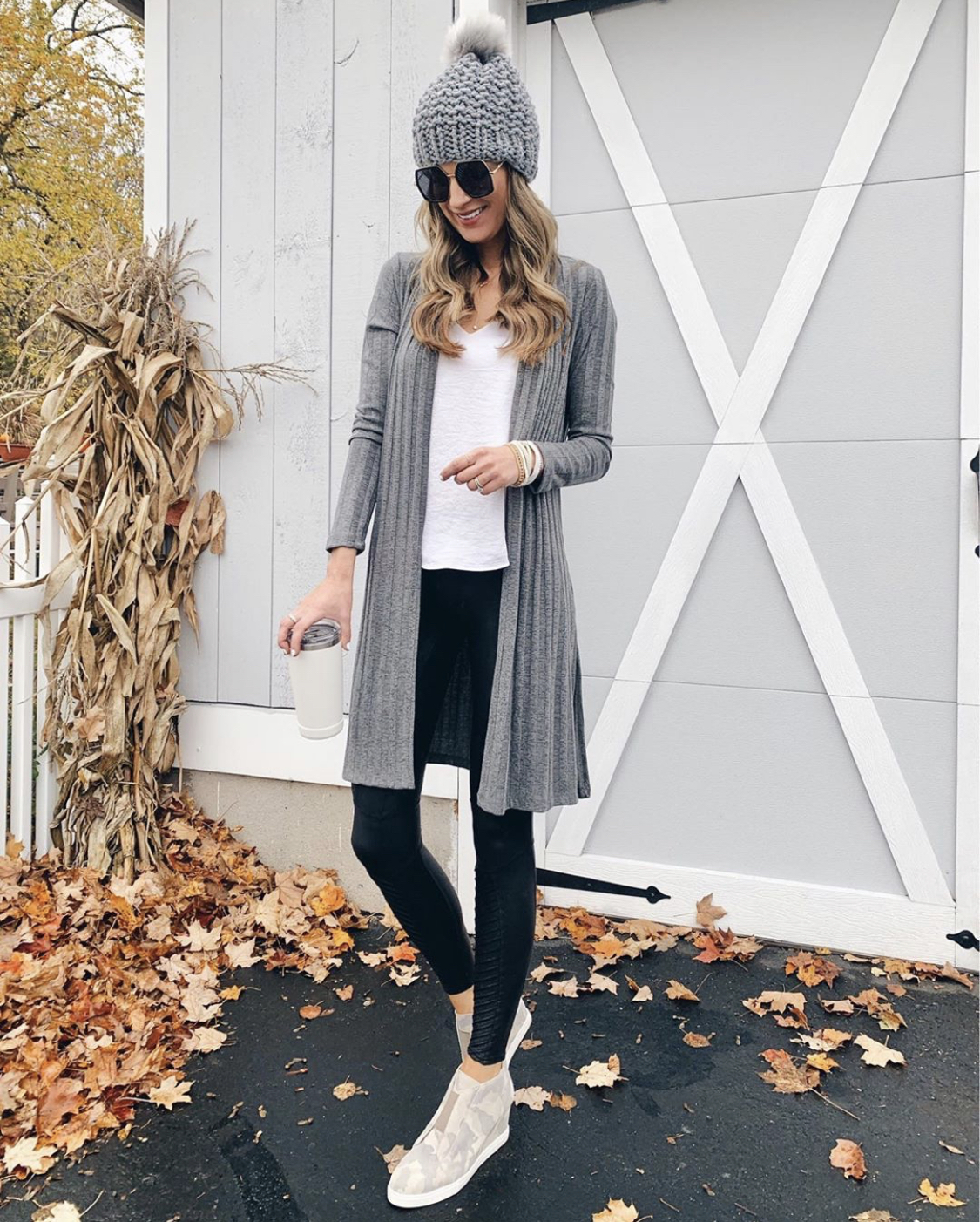 nordstrom half yearly sale 2019 - bobeau gray rib duster with express downtown cami spanx faux leather leggings and linea paolo camo wedge booties