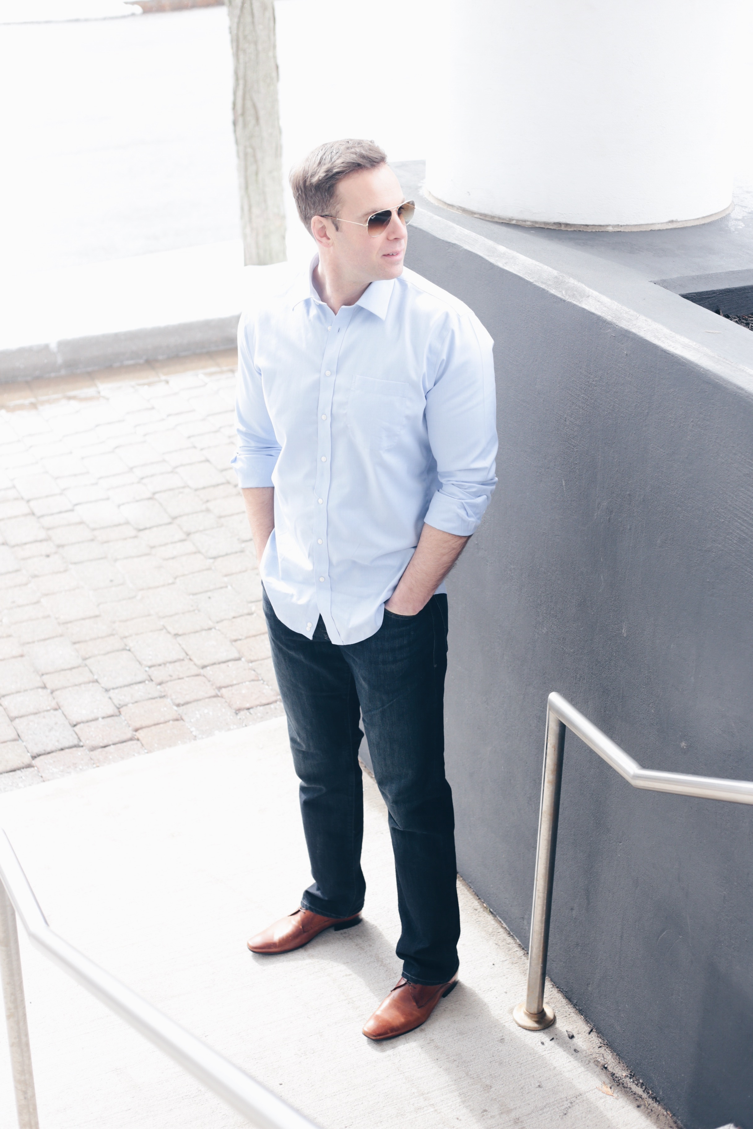 men's spring capsule wardrobe 2019 - dress down a blue button down work shirt for the weekend