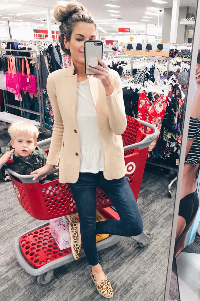 top spring outfits and easter weekend sales - pinteresting plans fashion blog wearing camel color sweater blazer and peplum tee