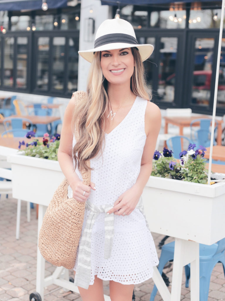 spring travel outfit - eyelet dress with straw crossbody bag on pinteresting plans blog