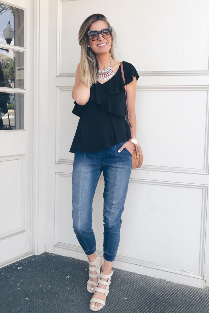 Date Night Denim Joggers Outfit - Pinteresting Plans Connecticut Fashion Blog