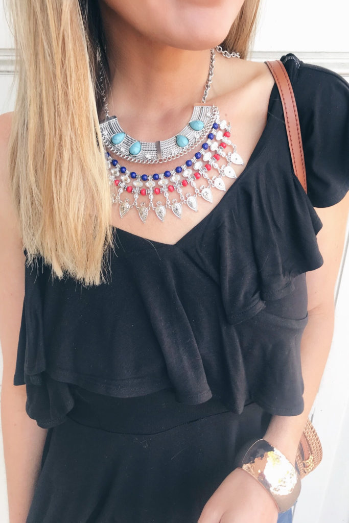 connecticut fashion blogger rachel moore in a statement necklace and denim joggers - pinteresting plans blog