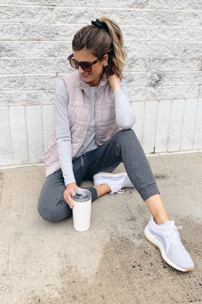 fashion blogger wearing jockey charcoal grey ponte joggers