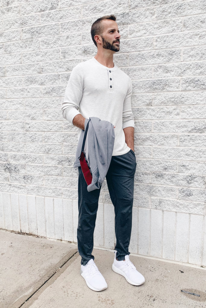 mens fashion blogger wearing jockey oatmeal waffle henley long sleeve top