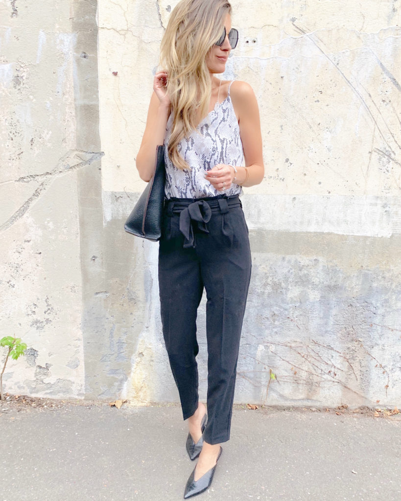 fashion blogger wearing express crocodile texture black heeled mules