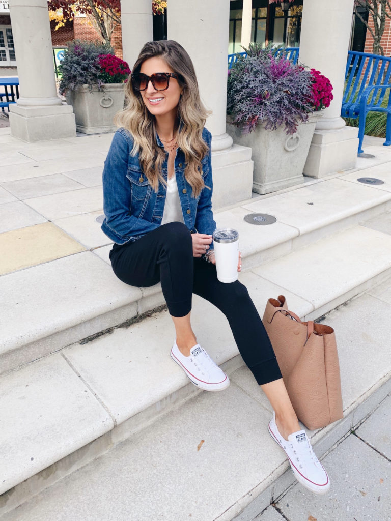 nordstrom gibson black joggers with white lace cami and converse white shoreline sneakers
