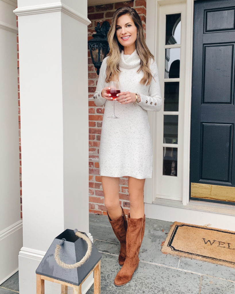 walmart time and tru cowl neck button sleeve sweater dress with tall brown boots