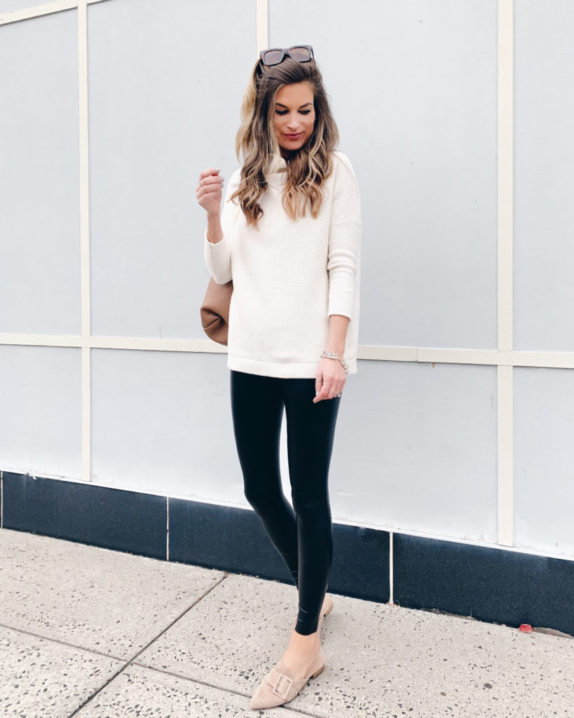 commando black faux leather leggings with free people cream ottoman tunic sweater halogen elyssa buckle mules